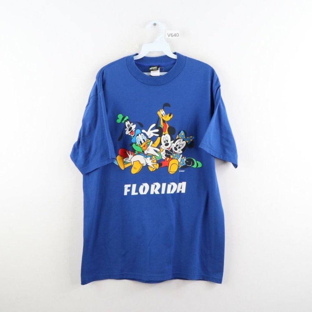 Vintage 90s Navy Disney World Florida Mickey Goofy Donald Graphic T-Shirt Large